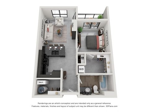 Floor plan for 1 bed, 1 bath, 661 sqft